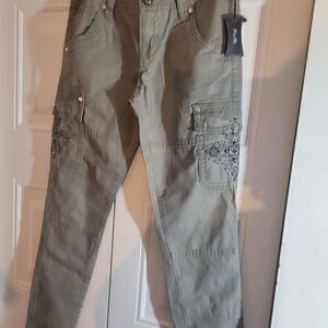CmY2K Miss Me CP1246C Cargo Khaki Olive Green Pants Sz27 Nwt Beaded Rhinistone